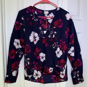 A New Day Navy/Magenta Floral V-Neck Blouse